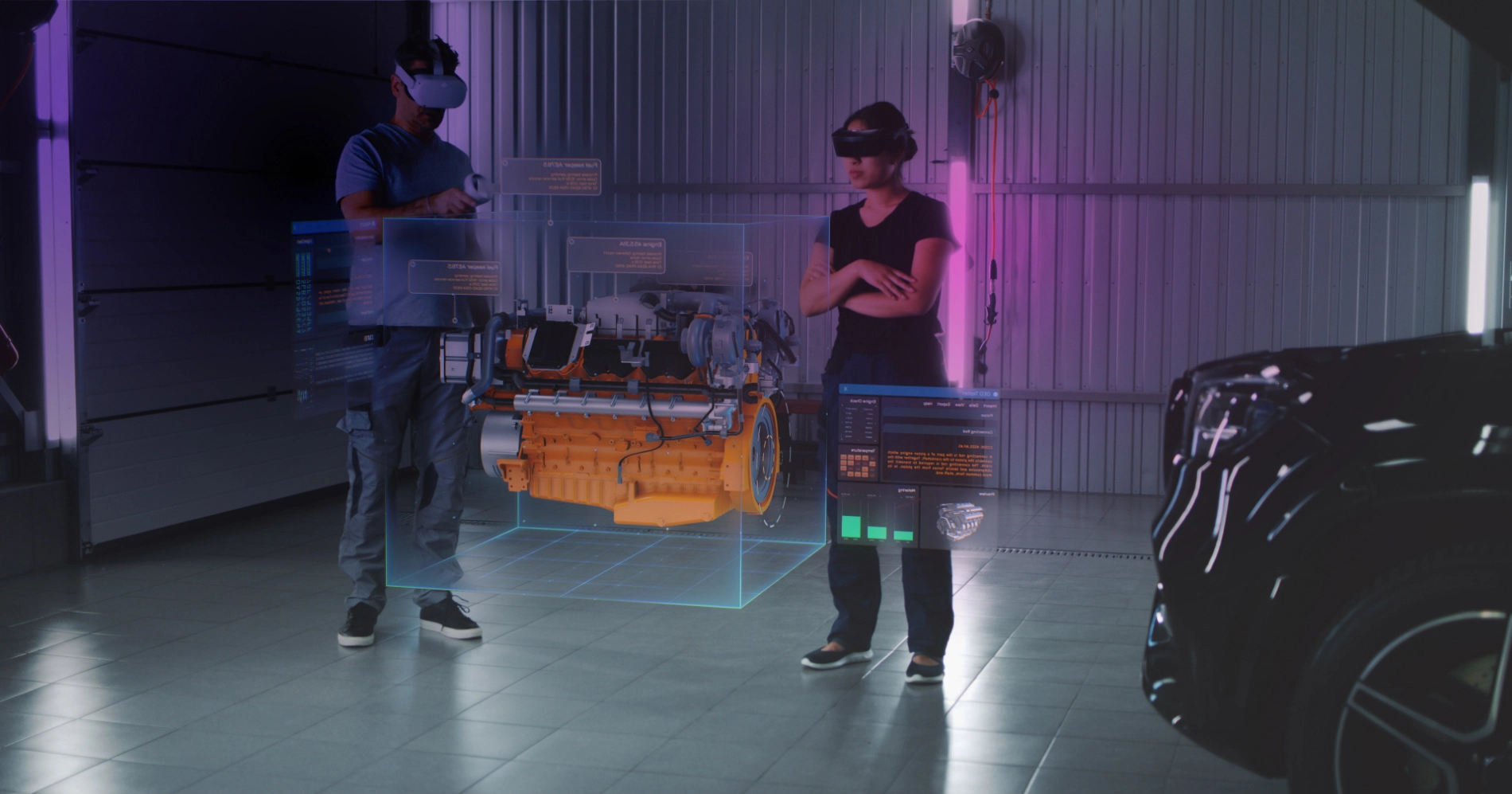 Image of people using virtual reality for training in an automotive setting