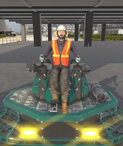Virtual Reality ride on power trowel, smoothing concrete in a virtual simulation