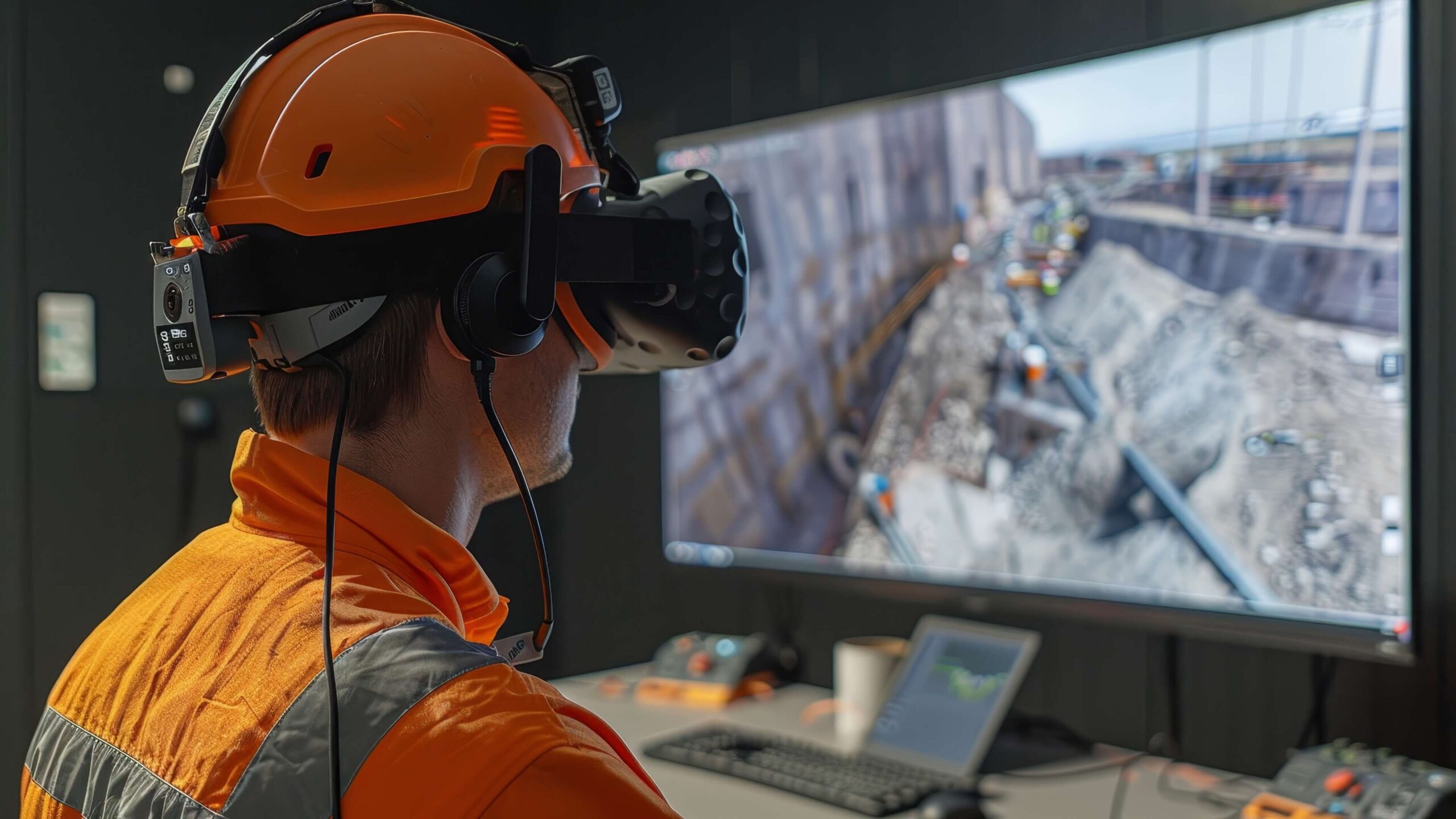 Man wearing a VR headset, doing vr training in a virtual construction site