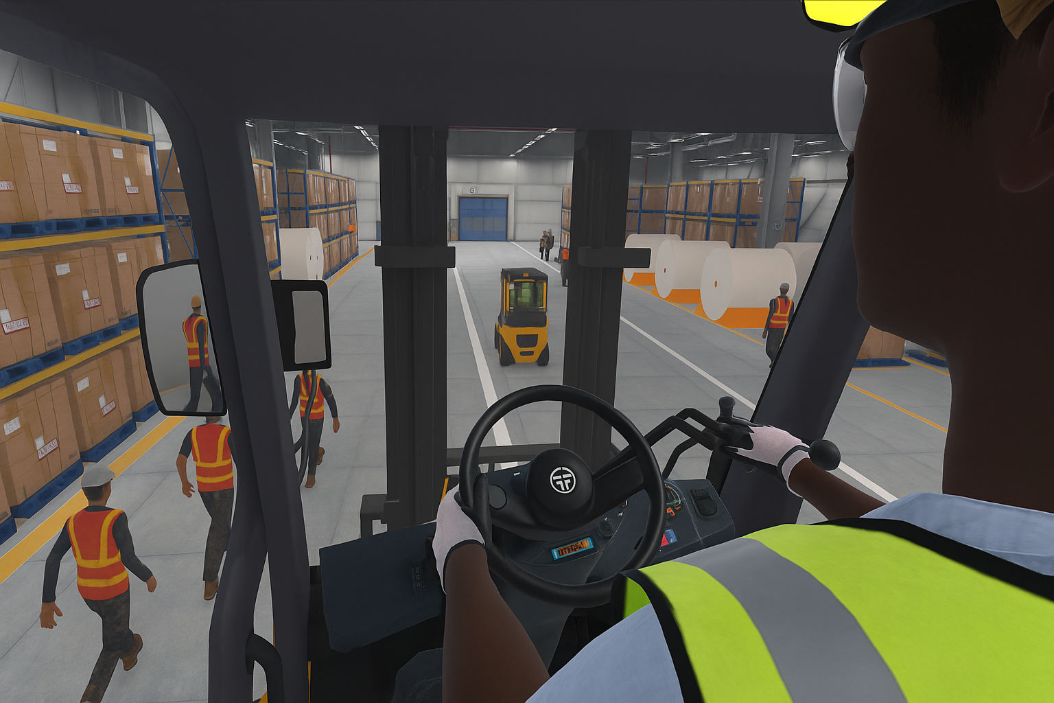 forklift simulator vr hero image, view from the drivers perspective